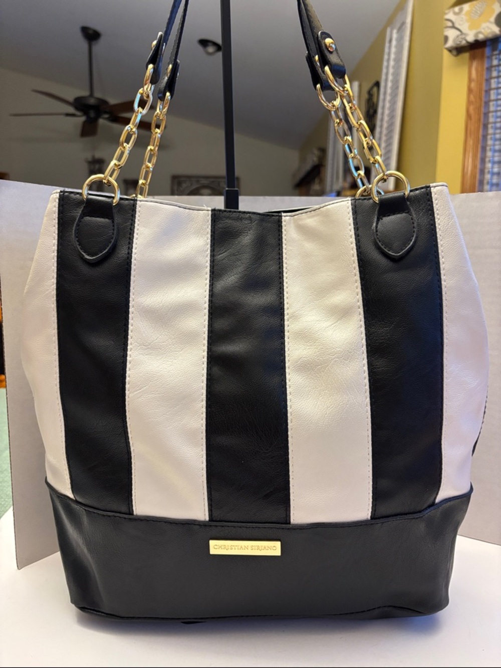 Christian Siriano Black and White Vertical Stripe Tote with Gold Chain Handles